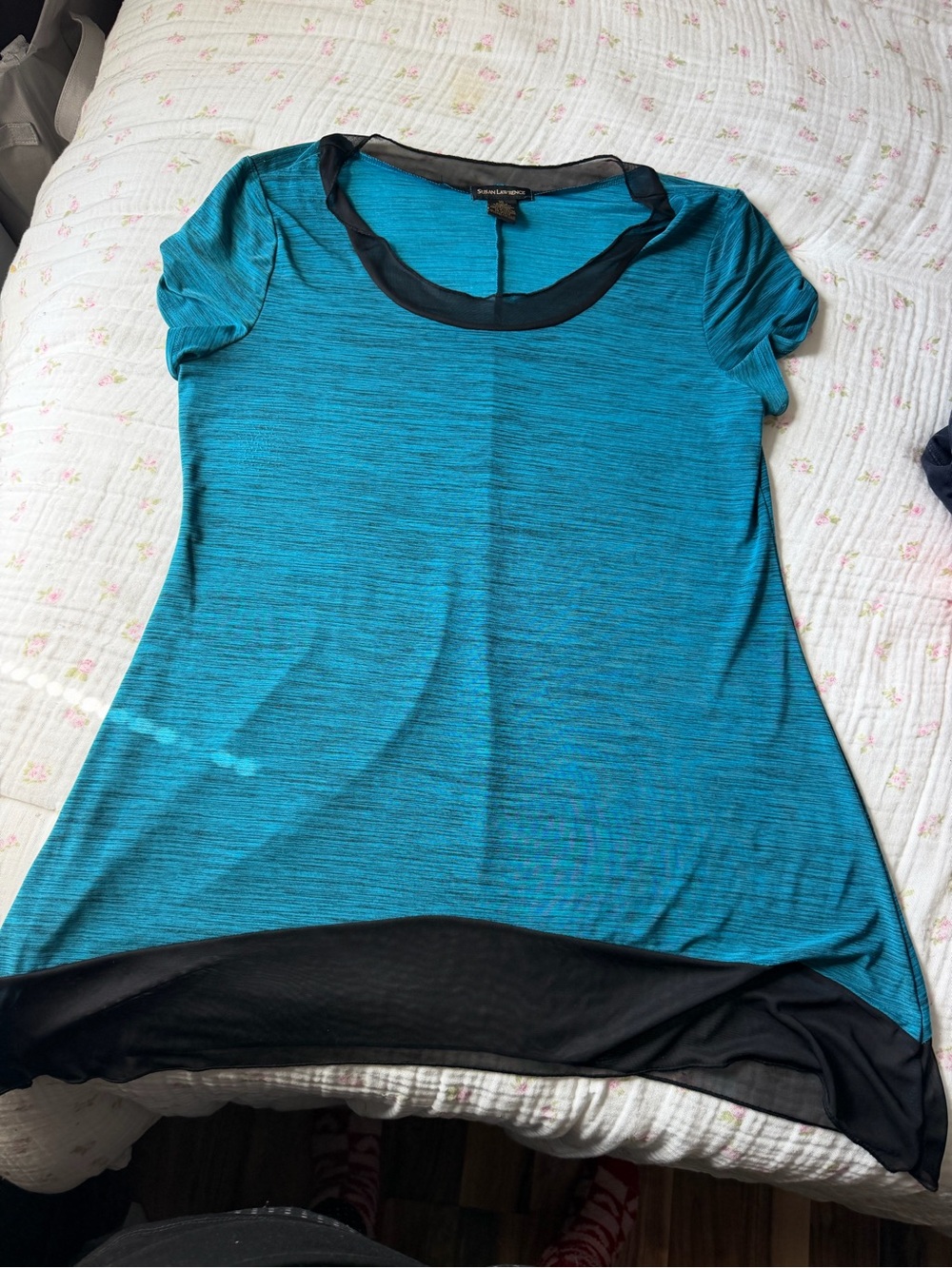 Susan Lawrence Teal Short-Sleeve Scoop Neck Top with Black Trim